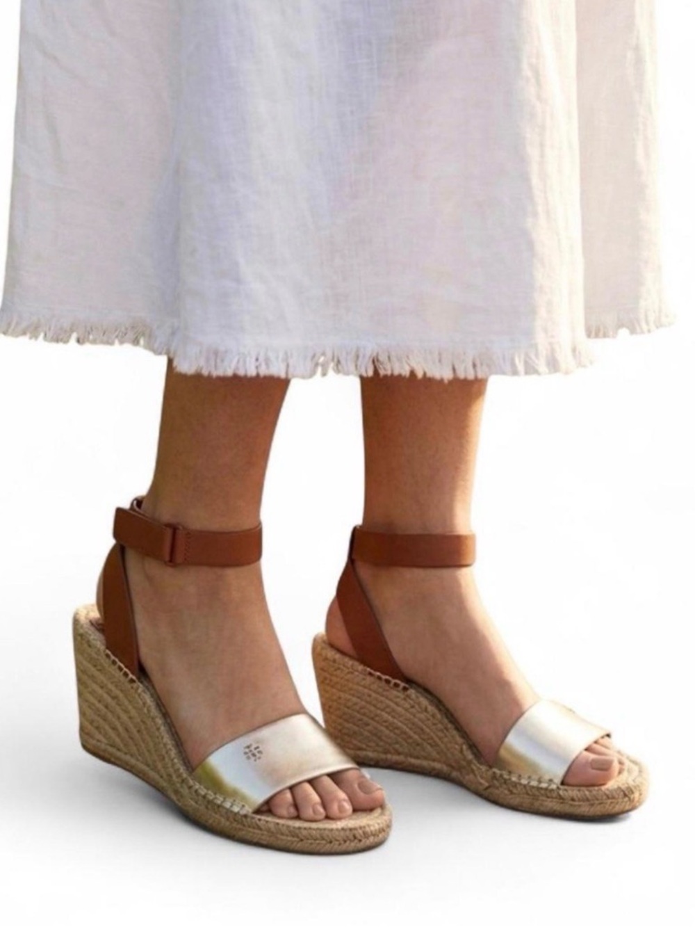 Womens Metallic & Tan Wedge Espadrille Sandals